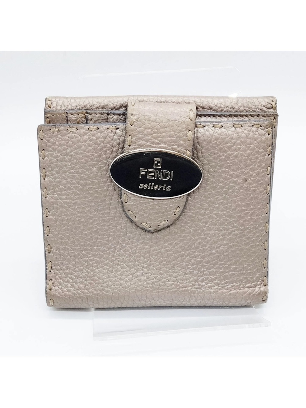 Fendi Taupe Pebbled Leather Selleria Compact Wallet
